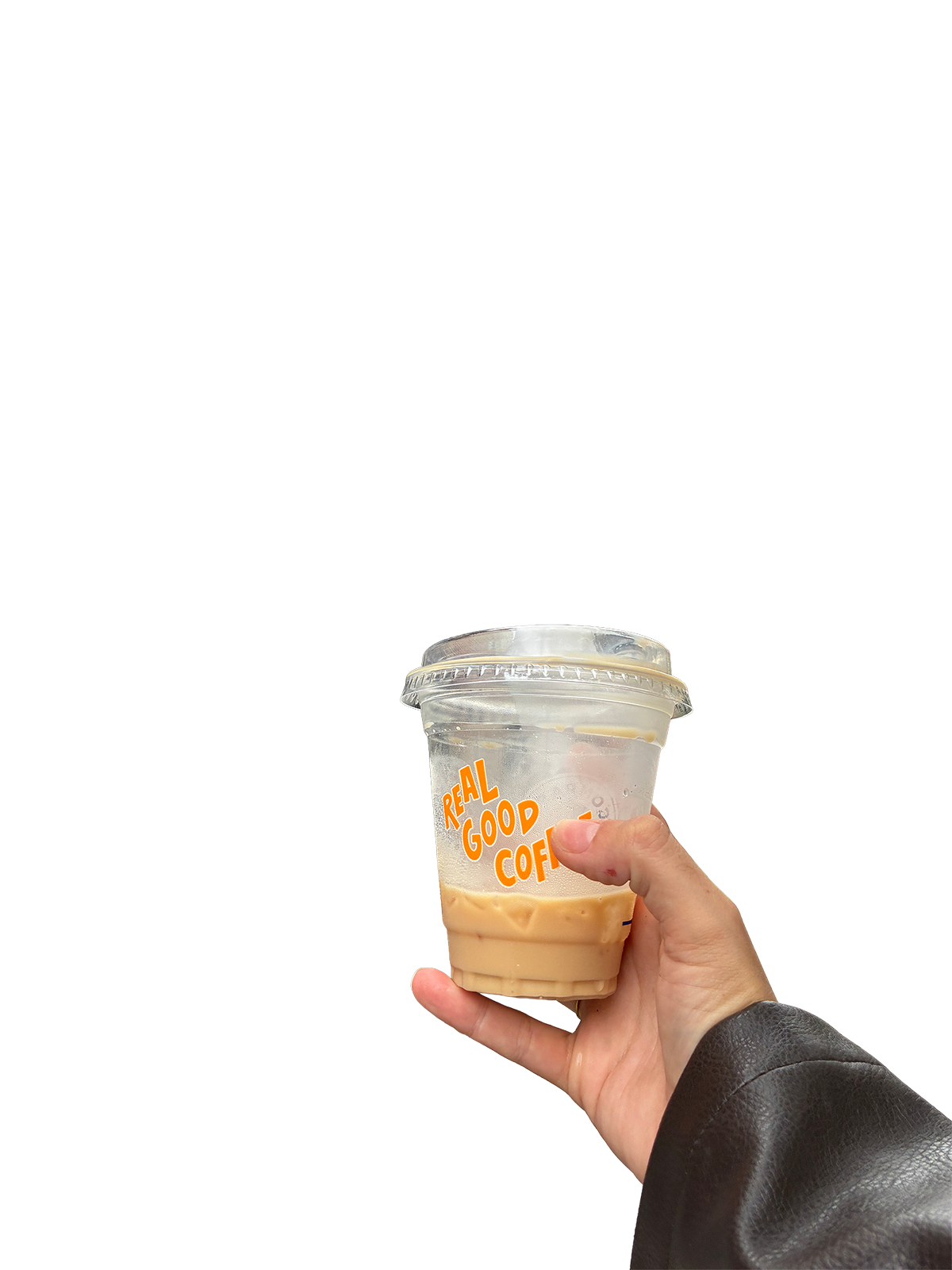 A hand holding an iced coffee