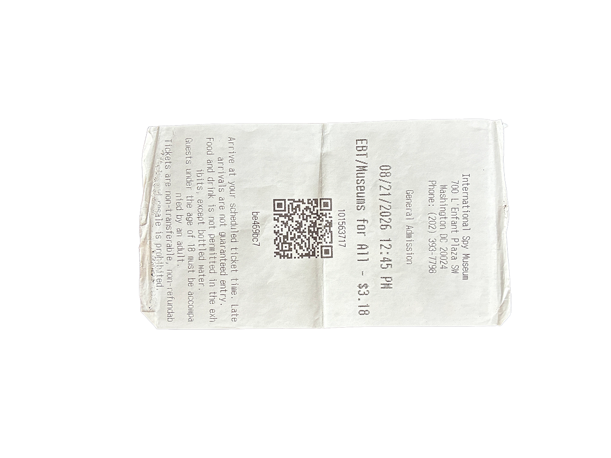 Ticket receipt from the International Spy Museum
